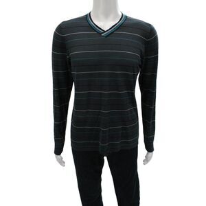 Armani Collezioni Mens Black Wool V-Neck Striped Sweater Size M